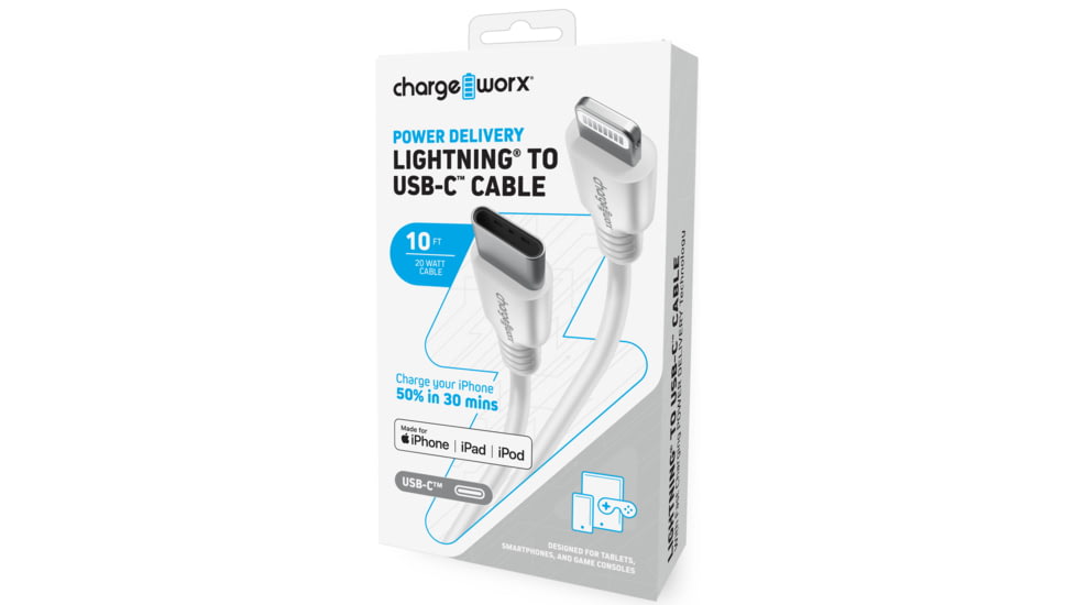 Chargeworx PD Cable, Lightning to USB-C, 10ft, White, CHA-CX4630WH