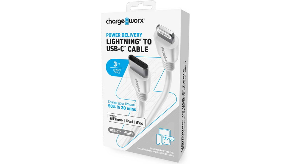 Chargeworx PD Cable, Lightning to USB-C, 3ft, White, CHA-CX4624WH