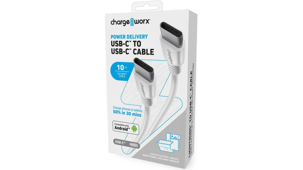 Chargeworx PD Cable, USB-C to USB-C, 10ft, White, CHA-CX4641WH