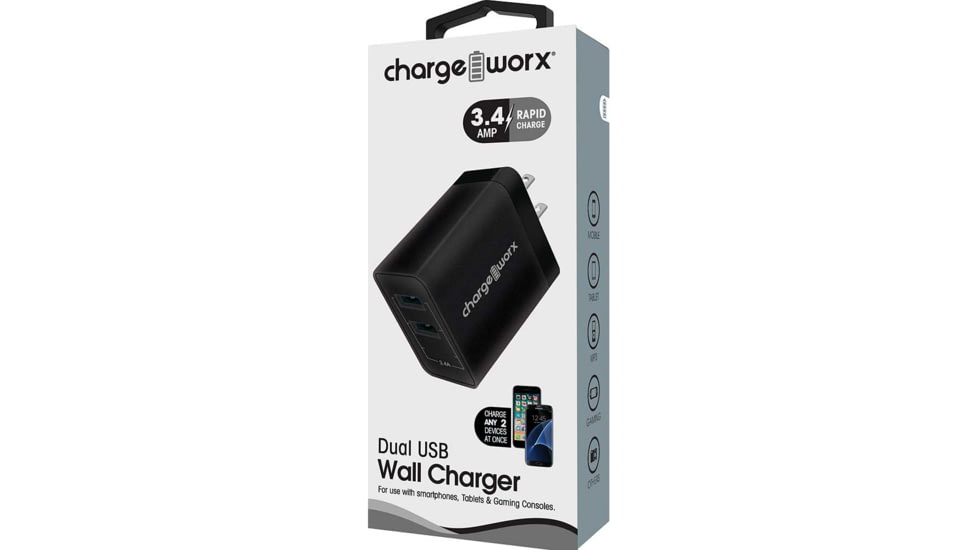Chargeworx Wall Charger, 2 USB Ports, Black, CHA-CX3072BK