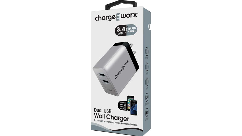 Chargeworx Wall Charger, 2 USB Ports, Silver, CHA-CX3072SL