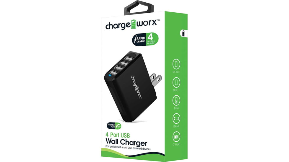Chargeworx Wall Charger, 4 USB Ports, Black, CHA-CX2507BK