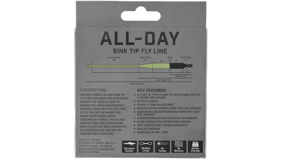 Cheeky Fishing All-Day Sink Tip Fly Line, 7 WT, Black/Mint, C-LIN-STP-7WT