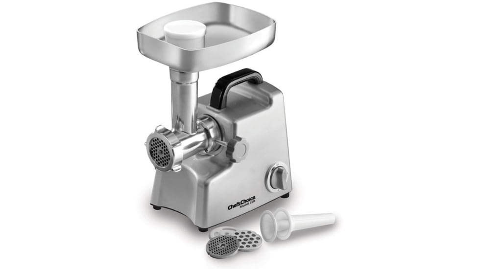 Chefs Choice Model E720 Professional Meat Grinder with 3 Stainless Steel Grinding Plates &amp; Sausage Stuffing Kit, Stainless, GNE720GY13
