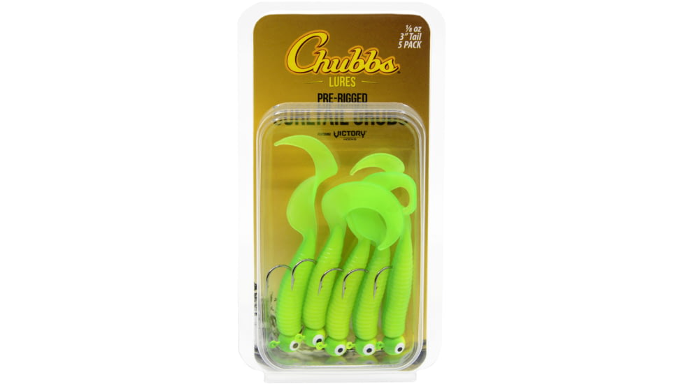 CHUBBS Rigged Curltail Grub, 5-Pack, 4in, 1/4oz, #2/0 Hook, Chartreuse/Lime, Y514-CHTGR
