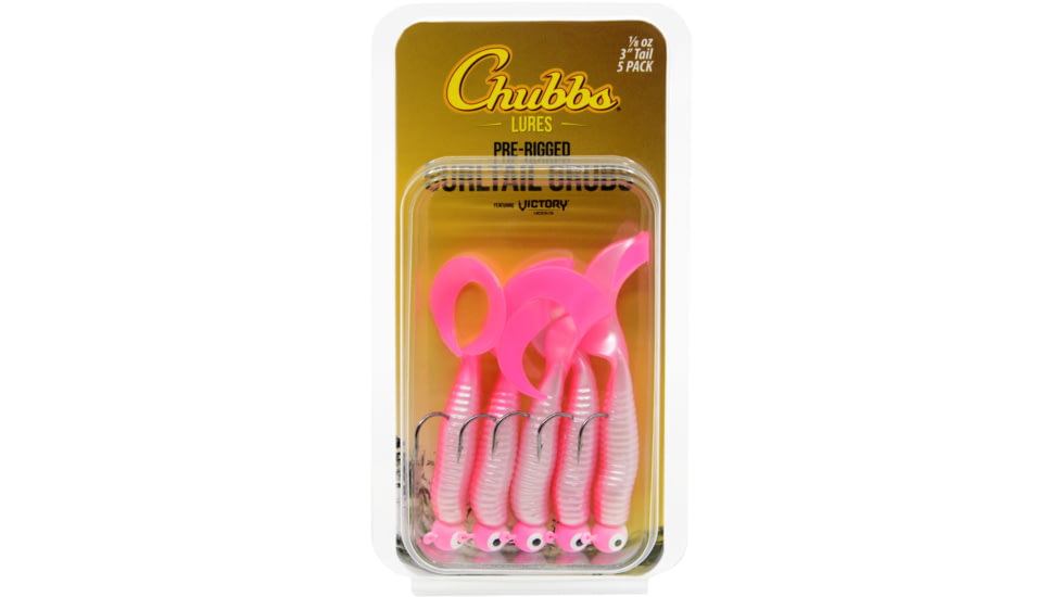 CHUBBS Rigged Curltail Grub, 5-Pack, 3in, 1/8oz, #1 Hook, Pin,k/White, Y518-PNKWH