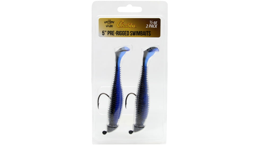 CHUBBS Rigged Swimbait, 2-Pack, 5.0in, 1/2 oz, 5/0 Hook, Black/Blue, YSB1250BB-2