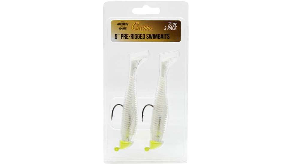 CHUBBS Rigged Swimbait, 2-Pack, 5in, 1/2 oz, 5/0 Hook Size, White Ice, YSB1250WI-2