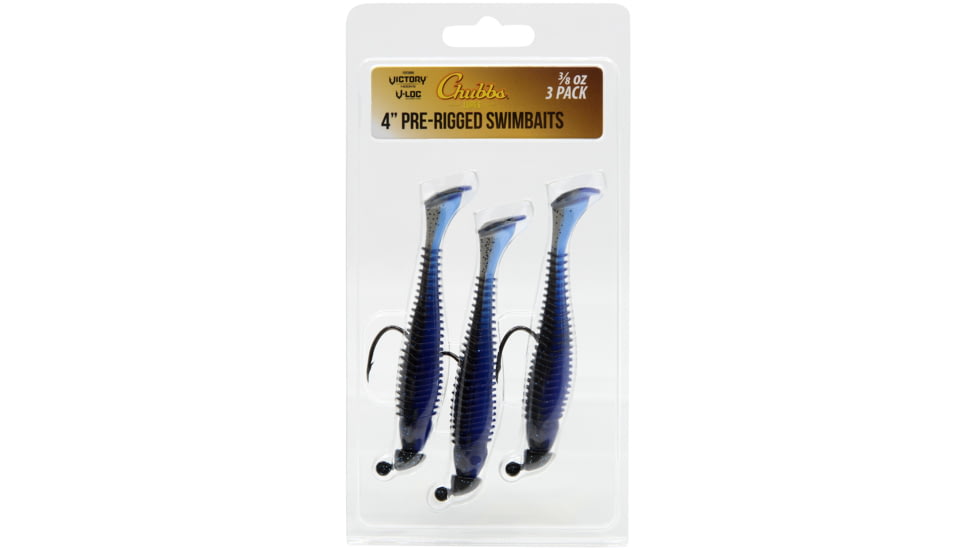 CHUBBS Rigged Swimbait, 3-Pack, 4in, 3/8 oz, 4/0 Hook Size, Black/Blue, YSB3840BB-3