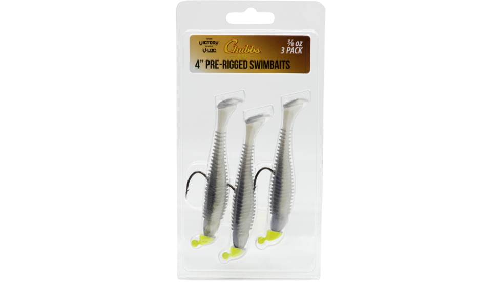 CHUBBS Rigged Swimbait, 3-Pack, 4in, 3/8 oz, 5/0 Hook, Smoke, YSB3840SM-3