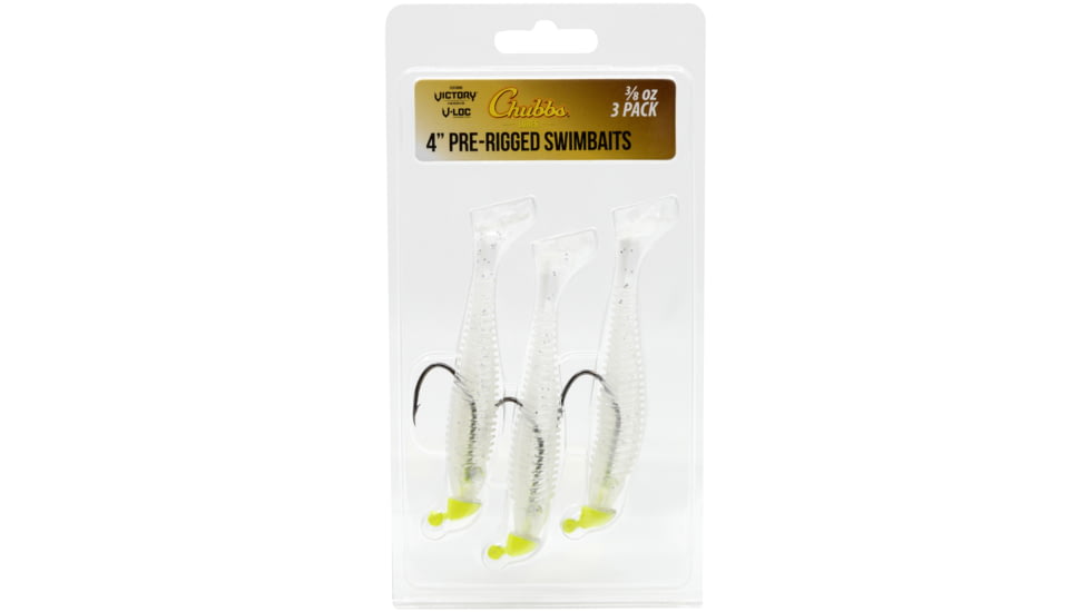 CHUBBS Rigged Swimbait, 3-Pack, 4in, 3/8 oz, 5/0 Hook, White Ice, YSB3840WI-3