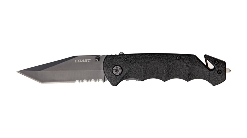 Coast Rescue Team Operator I Folding Knife, 3.375in, Serrated Tanto, Textured Black Aluminum Fingergrooved Handle CTT19307