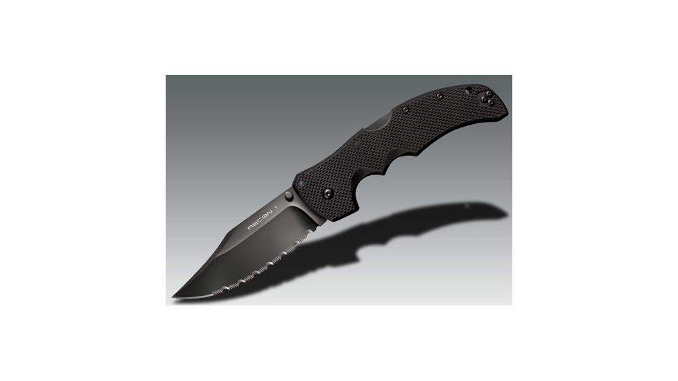Cold Steel Recon 1 Folding Knife, 4in Clip Point Serrated Carpenters CTS-XHP Alloy w/ DLC Coating, Black G10 Handle, CS-27TLCCS