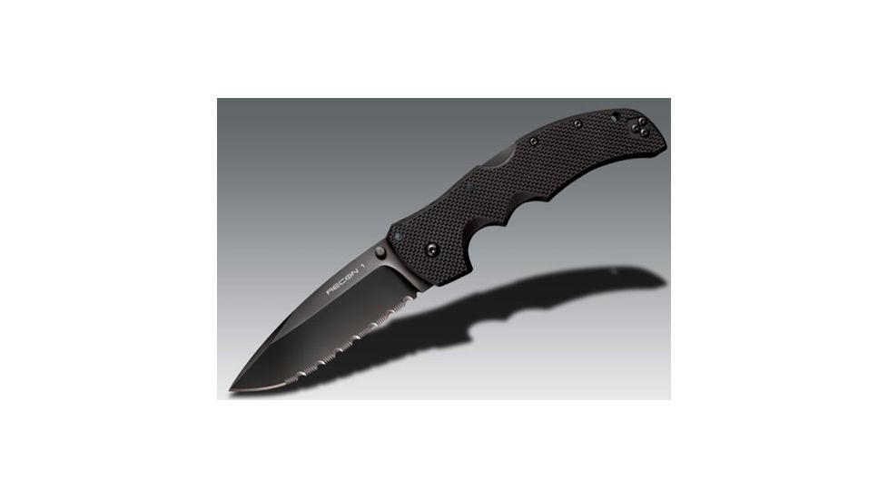 Cold Steel Recon 1 Folding Knife, 4in Spear Point Serrated Carpenters CTS XHP Alloy w/ DLC Coating, Black G10 Handle, CS-27TLCSS