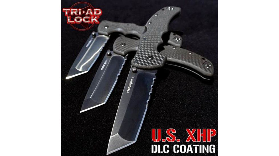 Cold Steel Recon 1 Folding Knife, 4in Tanto Combo Carpenters CTS-XHP Alloy w/ DLC Coating, Black G10 Handle, CS-27TLCTH