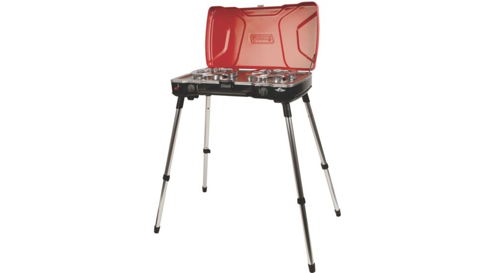 Coleman Fyre Major  Hyperflame 2 Burner Propane Camping Stove, Telescoping Legs, Red / Black 2000020104