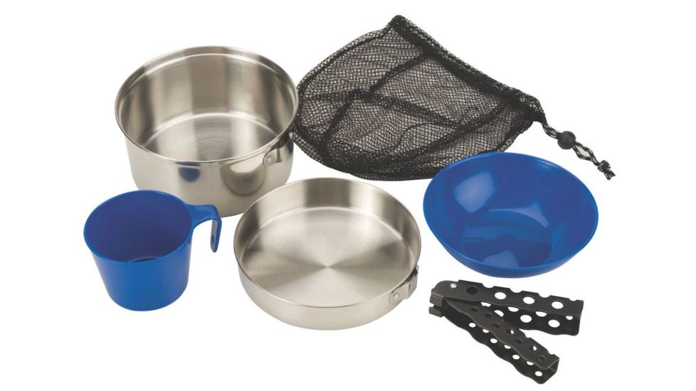 Coleman One Person Stainless Steel Mess Kit,  6 Piece Set, Stainless Steel / Blue 2000015180