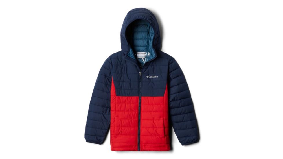 Columbia Powder Lite Boys Hooded Jacket - Boys, Mountain Red, Collegiate Navy, Extra Large, 1802903613-XL