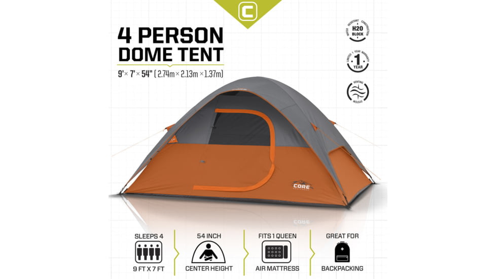 Core Equipment 4-Person Dome Tent, Orange, 40002