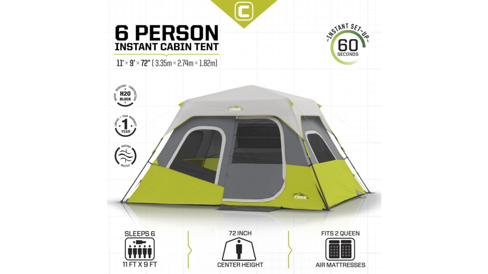 Core Equipment 6 Person Instant Cabin Tent, Green/Grey, 40161