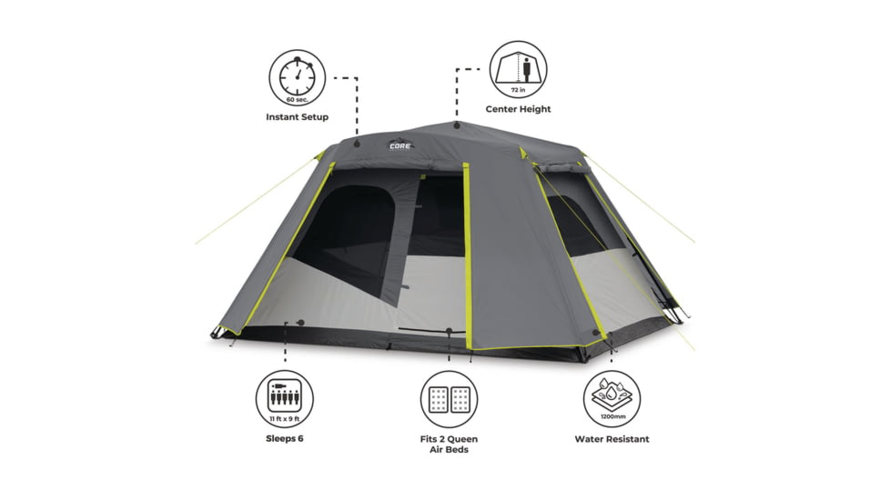 Core Equipment 6 Person Instant Cabin Tent w/ Full Fly, Grey, 40216