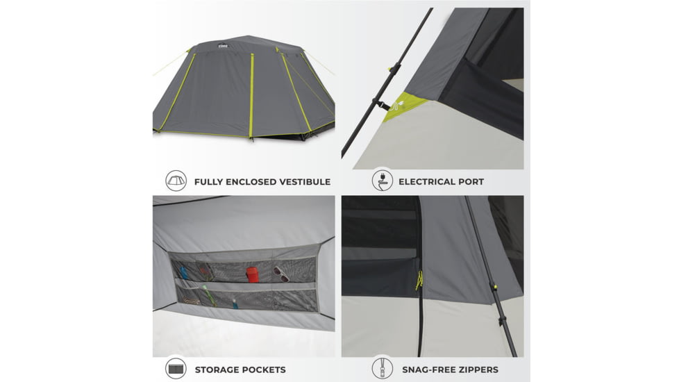 Core Equipment 6 Person Instant Cabin Tent w/ Full Fly, Grey, 40216