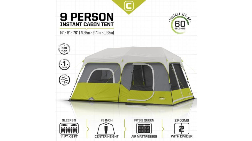Core Equipment 9 Person Instant Cabin Tent, Green/Gray, 14 x 9 ft, 40008