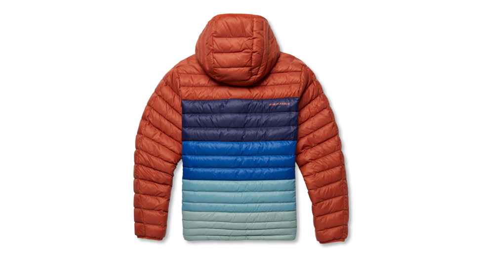 Cotopaxi Fuego Down Hooded Jacket Colorblock - Mens, Spice Stripes/Chestnut/Spice, Small, FDJC-F22-SPICS-M-S