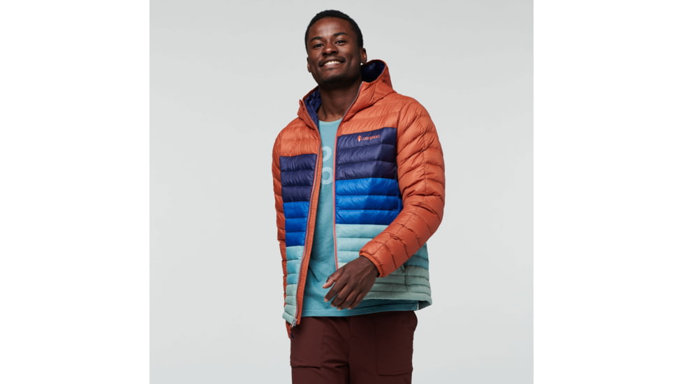Cotopaxi Fuego Down Hooded Jacket Colorblock - Mens, Spice Stripes/Chestnut/Spice, Small, FDJC-F22-SPICS-M-S