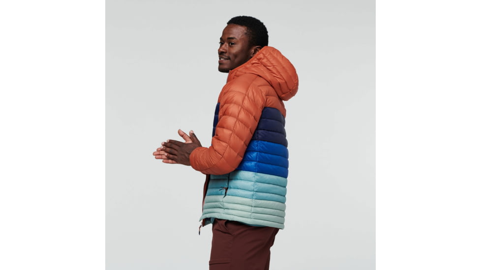 Cotopaxi Fuego Down Hooded Jacket Colorblock - Mens, Spice Stripes/Chestnut/Spice, Small, FDJC-F22-SPICS-M-S
