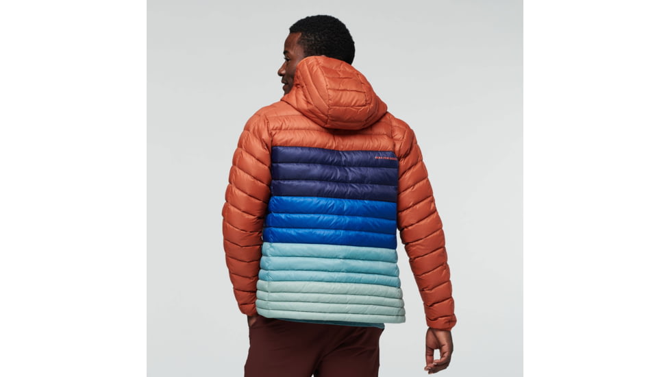 Cotopaxi Fuego Down Hooded Jacket Colorblock - Mens, Spice Stripes/Chestnut/Spice, Small, FDJC-F22-SPICS-M-S