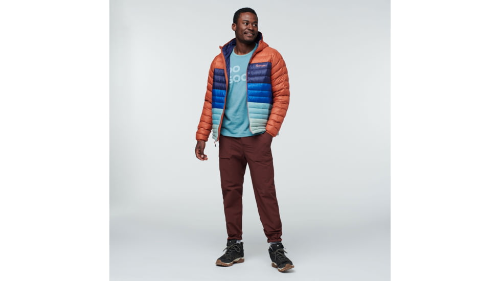 Cotopaxi Fuego Down Hooded Jacket Colorblock - Mens, Spice Stripes/Chestnut/Spice, Small, FDJC-F22-SPICS-M-S