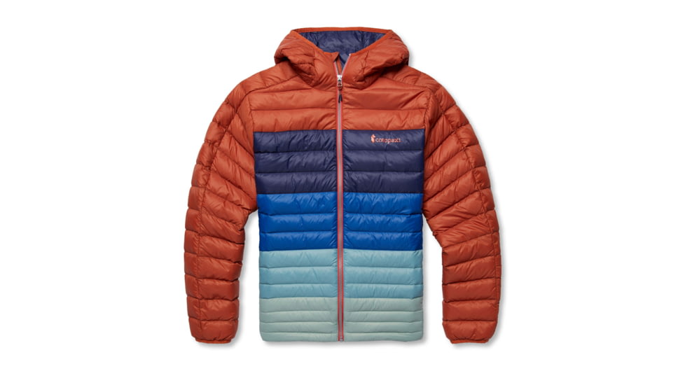 Cotopaxi Fuego Down Hooded Jacket Colorblock - Mens, Spice Stripes/Chestnut/Spice, Small, FDJC-F22-SPICS-M-S