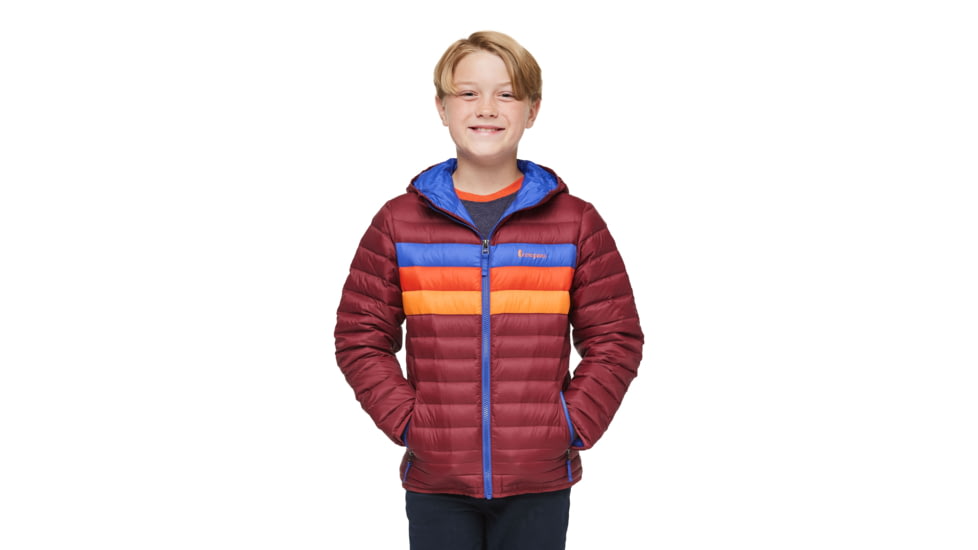 Cotopaxi Fuego Down Hooded Jacket - Kids, Burgundy Stripes, Small, KFDJ-F23-BURGS-Kids-S