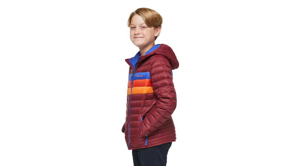 Cotopaxi Fuego Down Hooded Jacket - Kids, Burgundy Stripes, Small, KFDJ-F23-BURGS-Kids-S