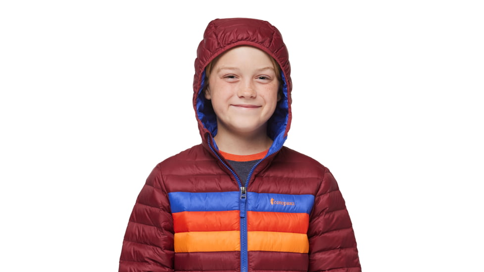 Cotopaxi Fuego Down Hooded Jacket - Kids, Burgundy Stripes, Small, KFDJ-F23-BURGS-Kids-S