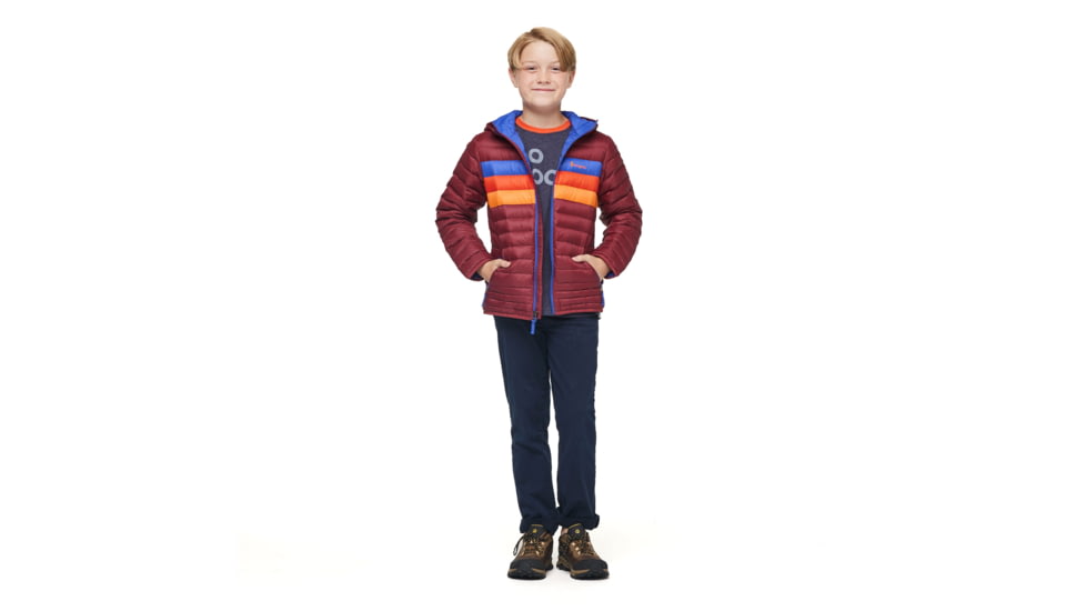 Cotopaxi Fuego Down Hooded Jacket - Kids, Burgundy Stripes, Small, KFDJ-F23-BURGS-Kids-S
