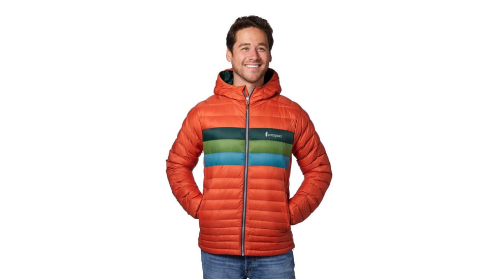 Cotopaxi Fuego Down Hooded Jacket - Mens, Cayenne Stripes, Large, FDJ-F20-CAYS-M-L