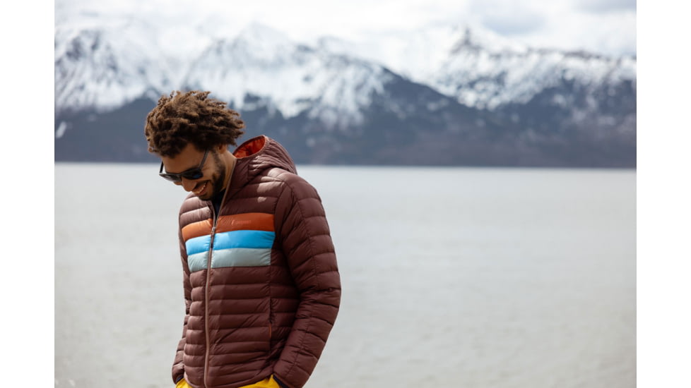 Cotopaxi Fuego Down Hooded Jacket - Mens, Chestnut Stripes, Large, FDJ-F22-CHSNTHS-M-L