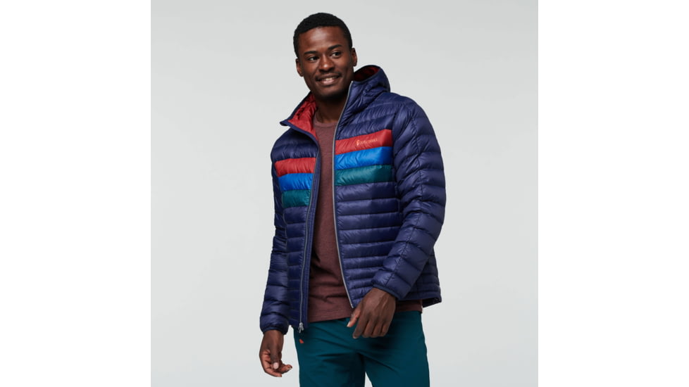 Cotopaxi Fuego Down Hooded Jacket - Mens, Maritime/Currant Stripes, Medium, FDJ-F22-MTCUR-M-M