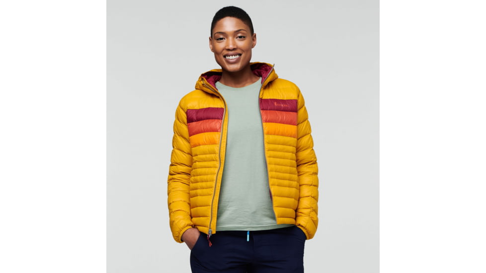 Cotopaxi Fuego Down Hooded Jacket - Womens, Amber Stripes, Extra Small, FDJ-F22-AMBS-W-XS