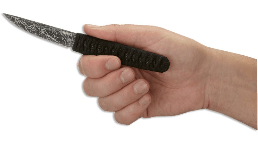 CRKT Obake Fixed Blade Knife, 3.55in, 65Mn Carbon Steel Blade, Wharncliffe Blade, Black Cord Wrapped Handle, 2367