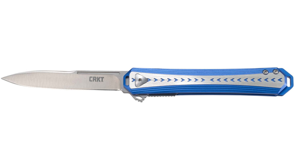 CRKT Stickler Linerlock Assisted Opening Folding Knife, 3.38in, 12C27, Spear Point, Blue/Silver Aluminum, 6710