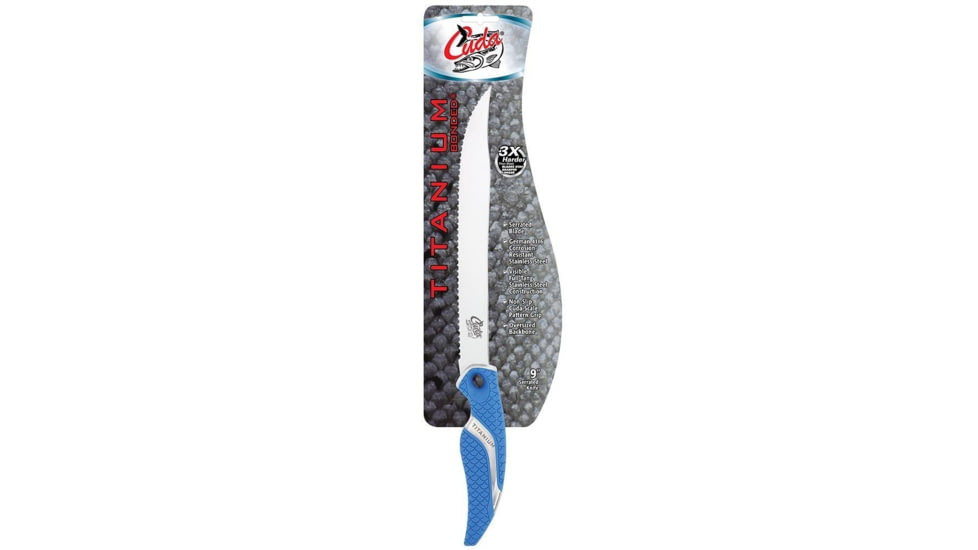 Cuda 9in Titanium Bonded Serrated Knive, German 4116 Corrosion Resistant Stainless Steel Blade, Non-Slip Cuda Scale Pattern Grip, 18845