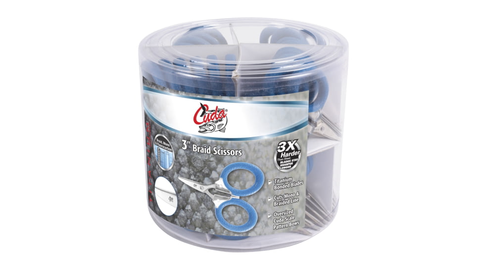 Cuda Knives Cuda Bucket 50 Braid Scissors, 3in Overall, 50 Count, Titanium Bonded Blades w/Dual Micro-Serrations, Oversized Cuda Scale Pattern Non-Slip Handles, 23019