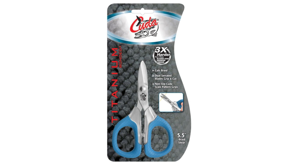Cuda Knives Cuda Large Braid Shear, 5.25in Overall, Cuts Braid, Dual Serrated Blades, Blue Non Slip Cuda Pattern Grips, 18362