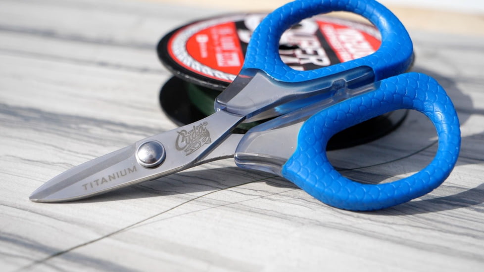 Cuda Knives Cuda Large Braid Shear, 5.25in Overall, Cuts Braid, Dual Serrated Blades, Blue Non Slip Cuda Pattern Grips, 18362