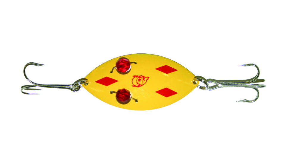 Dardevle Red Eye Wiggler Spoon 3in, 1oz, Yellow/Red Diamonds Brass Back, 8817