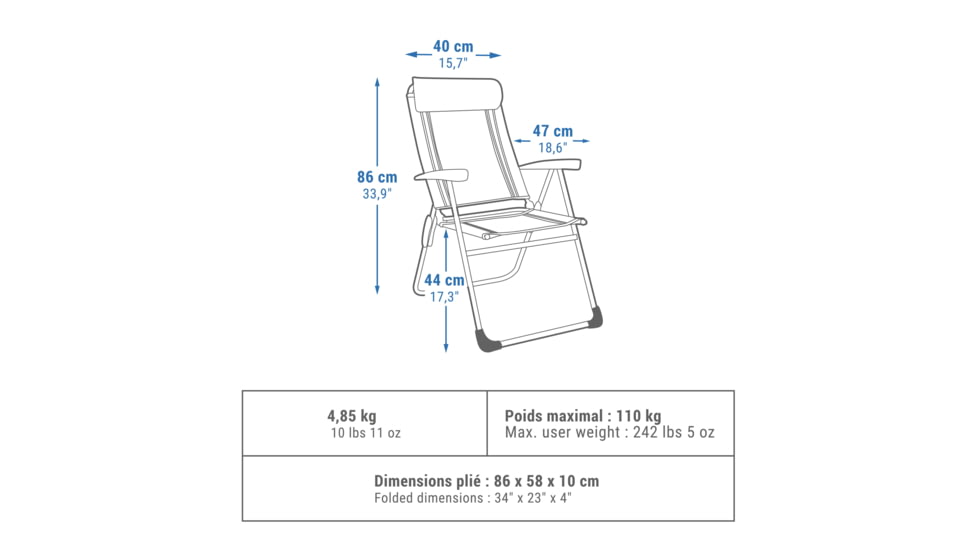 Decathlon Quechua Comfort Reclinable Folding Steel Camping Chair, Grey, NS, 4650022