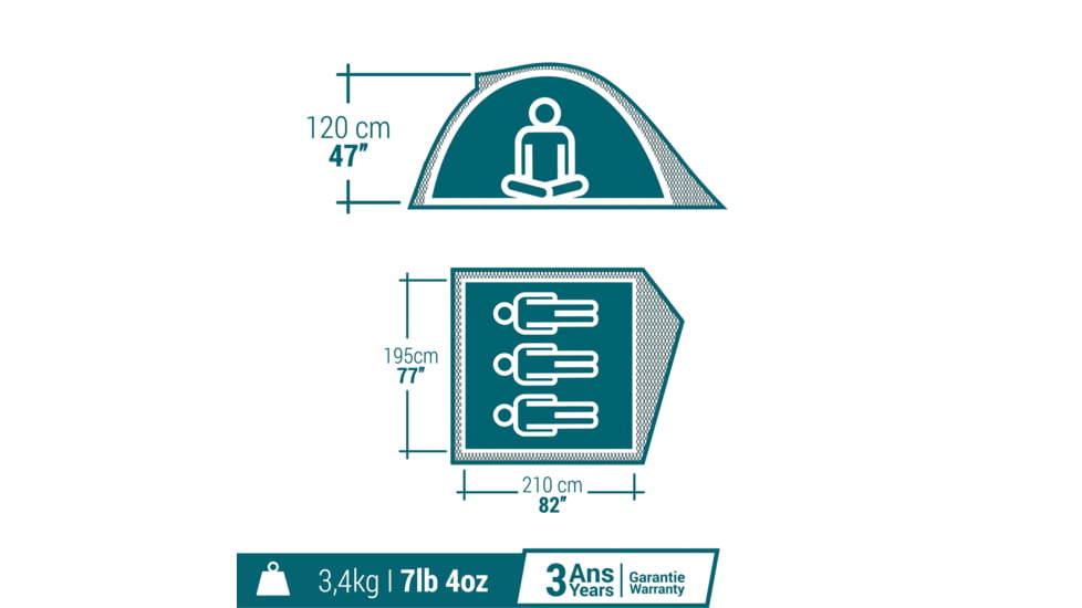 Decathlon Quechua MH100 Waterproof Camping Tent, Grey, 3 Person, 4006574